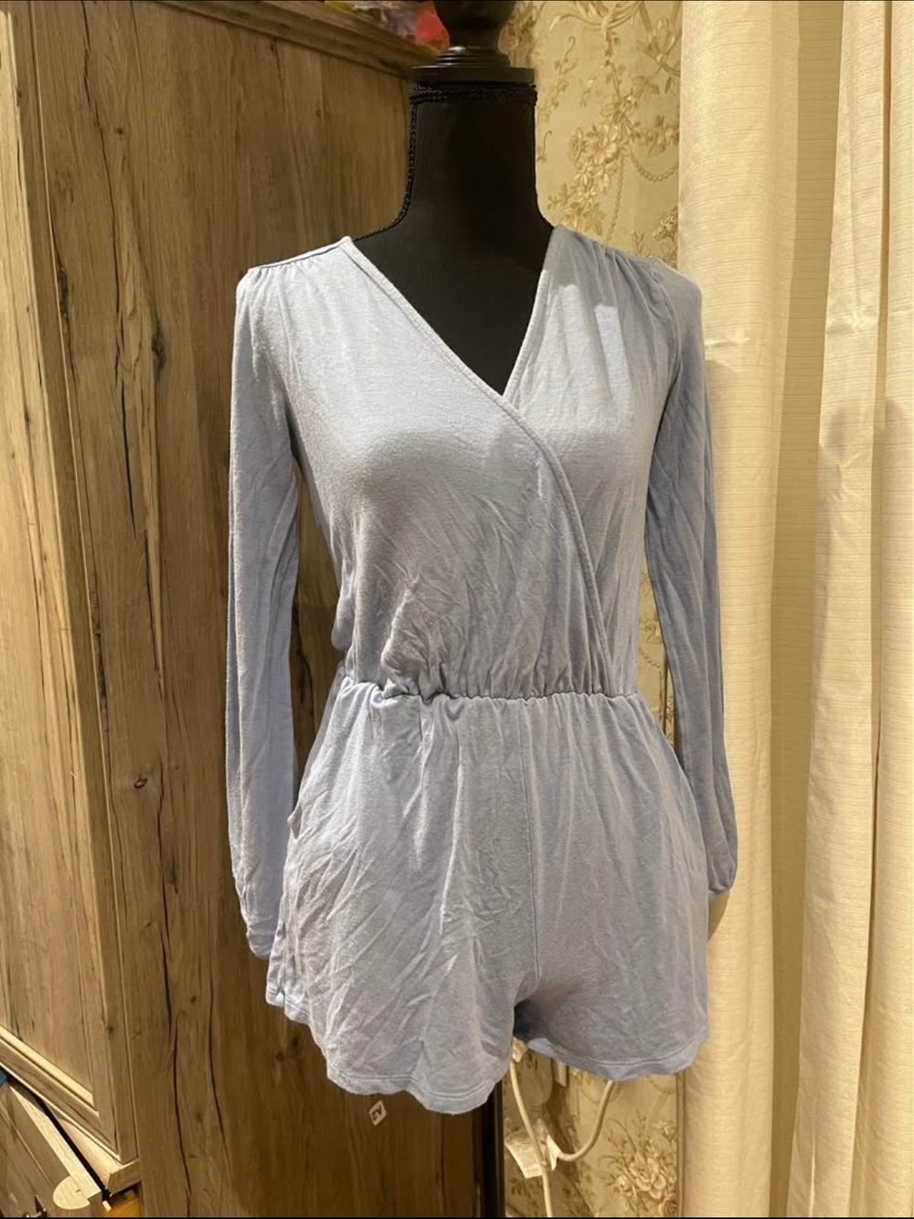 Wet Seal Light Blue Long-Sleeve Wrap Romper